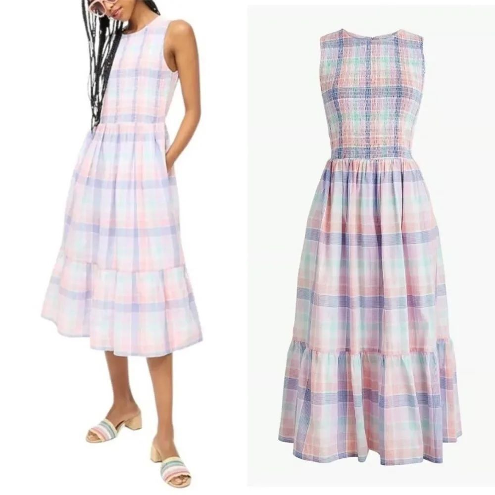 J. Crew Plaid Smocked Midi Dress Pastel Sleeveless Tiered Sz Small